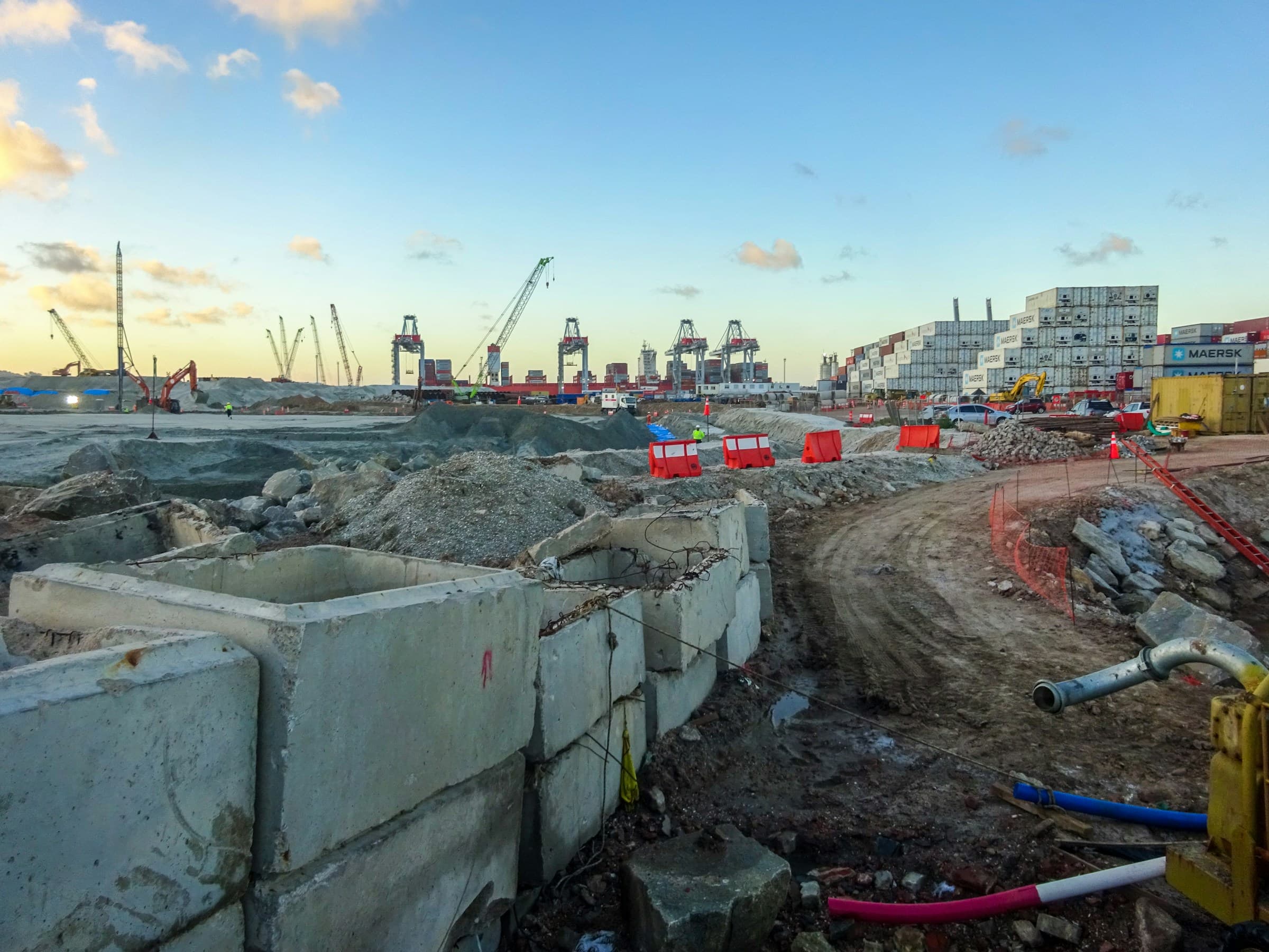 Major construction site with cranes and heavy infrastructure works